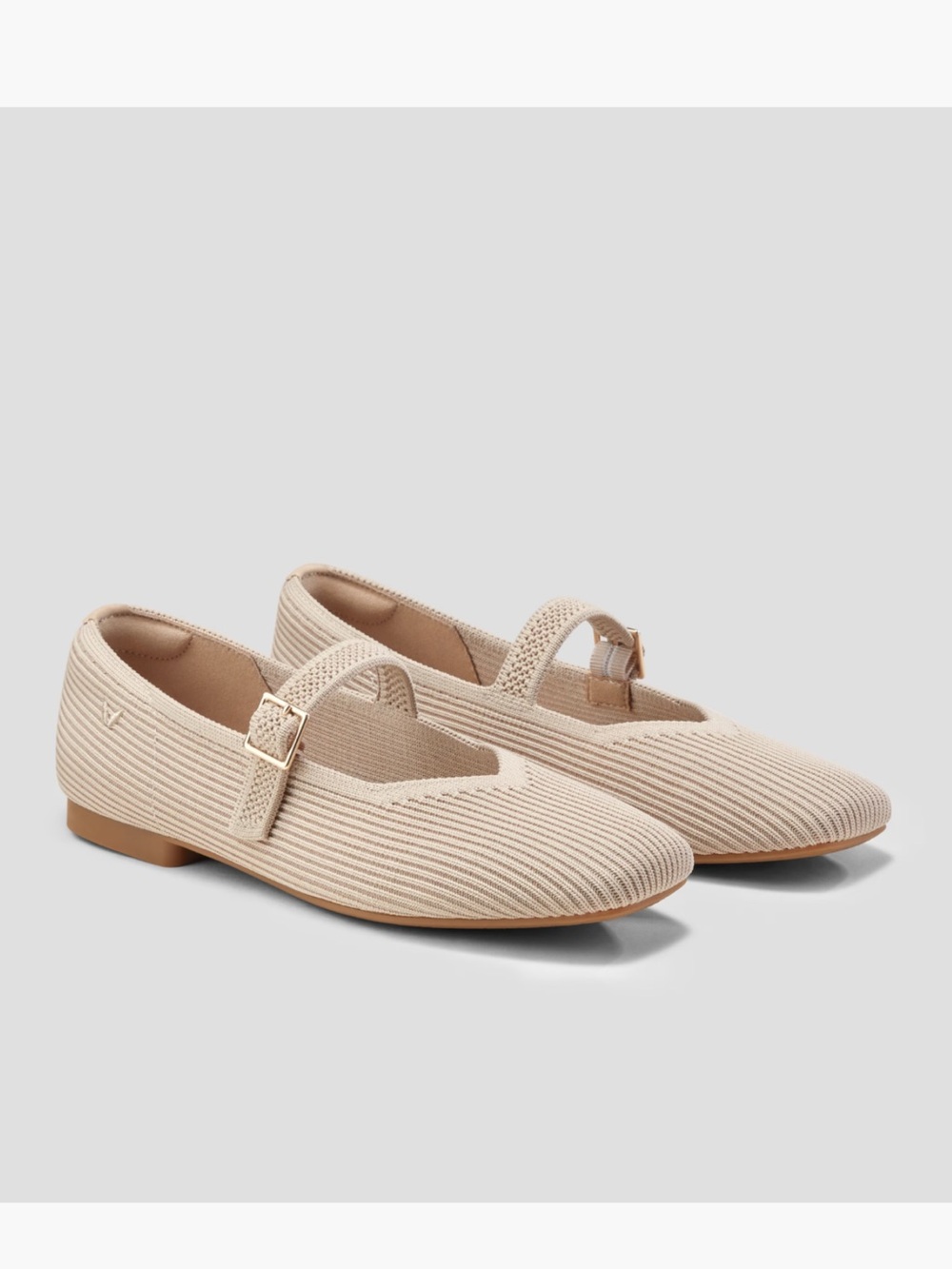 Vivaia tan woven/knit gold hardware buckle flats with comfort soles and interior